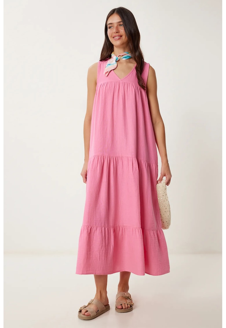 Rochie midi Happiness Istanbul - cu volane - roz - bumbac