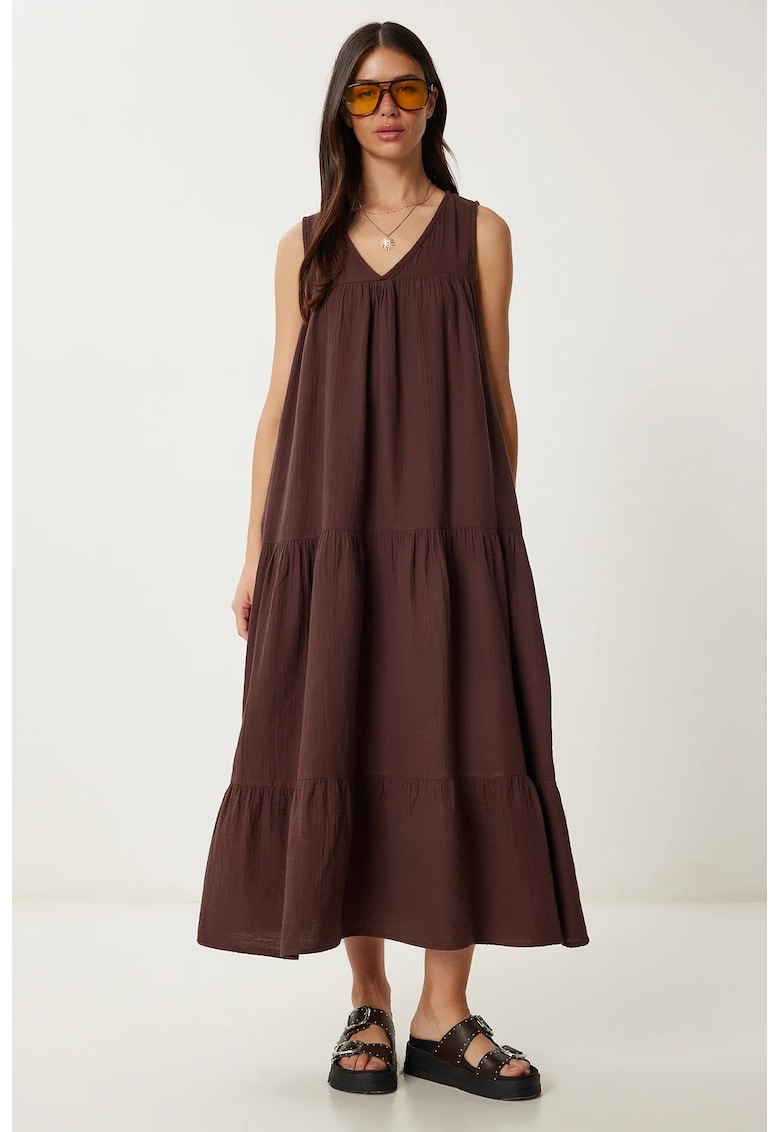Rochie midi Happiness Istanbul - cu volane - decolteu in V - maro - bumbac