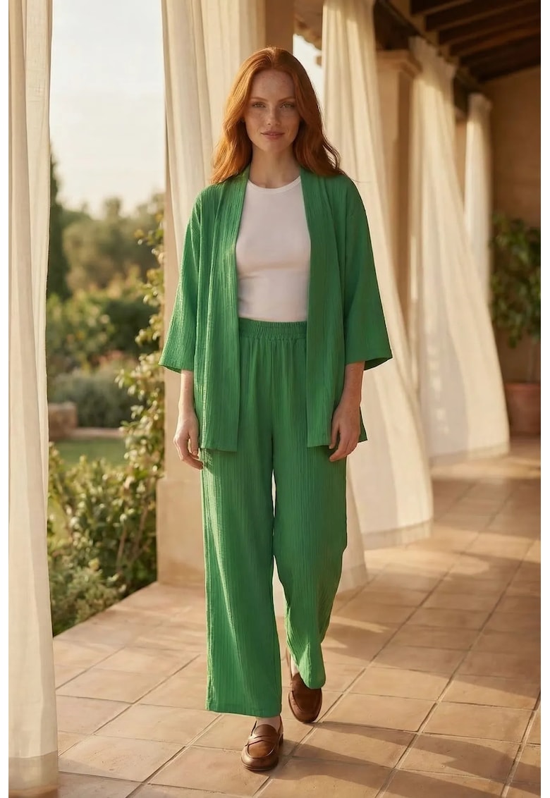 Set coordonat din doua piese - bluza cu maneca lunga si pantaloni cu talie medie - verde pin - poliester -
