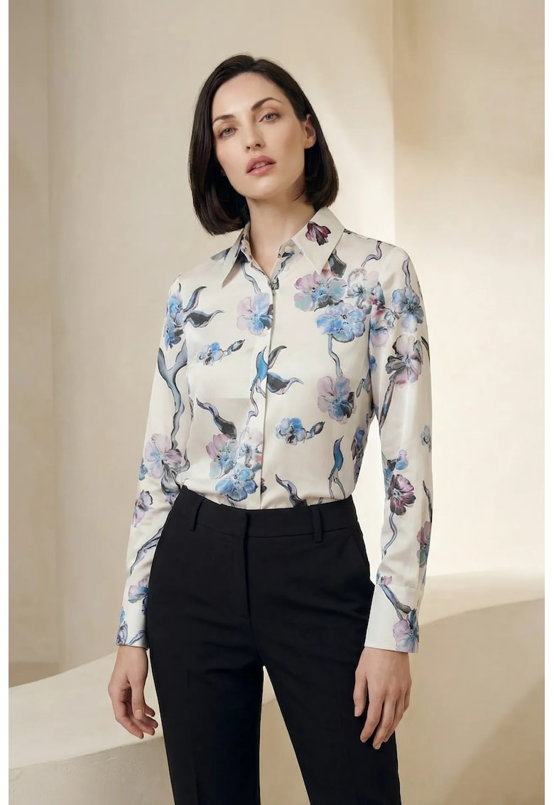 Camasa dama - imprimeu floral - albastru cerulean - 100% poliester - maneca lunga