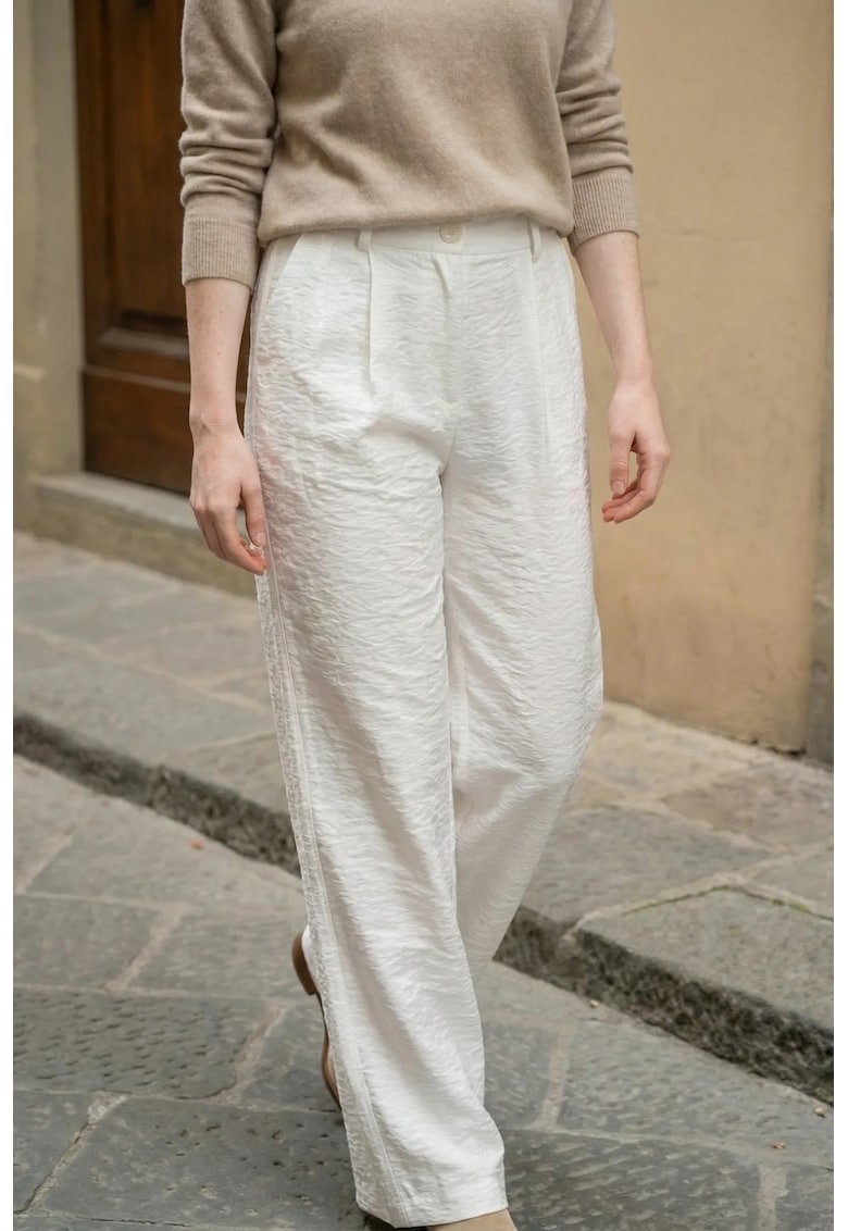 Pantaloni dama - talie inalta - croiala larga - alb - poliester