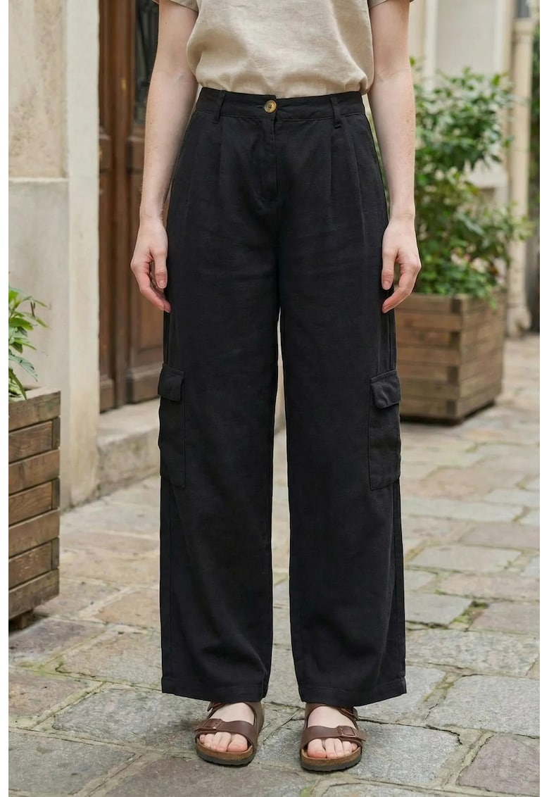 Pantaloni dama - talie inalta - negru - bumbac