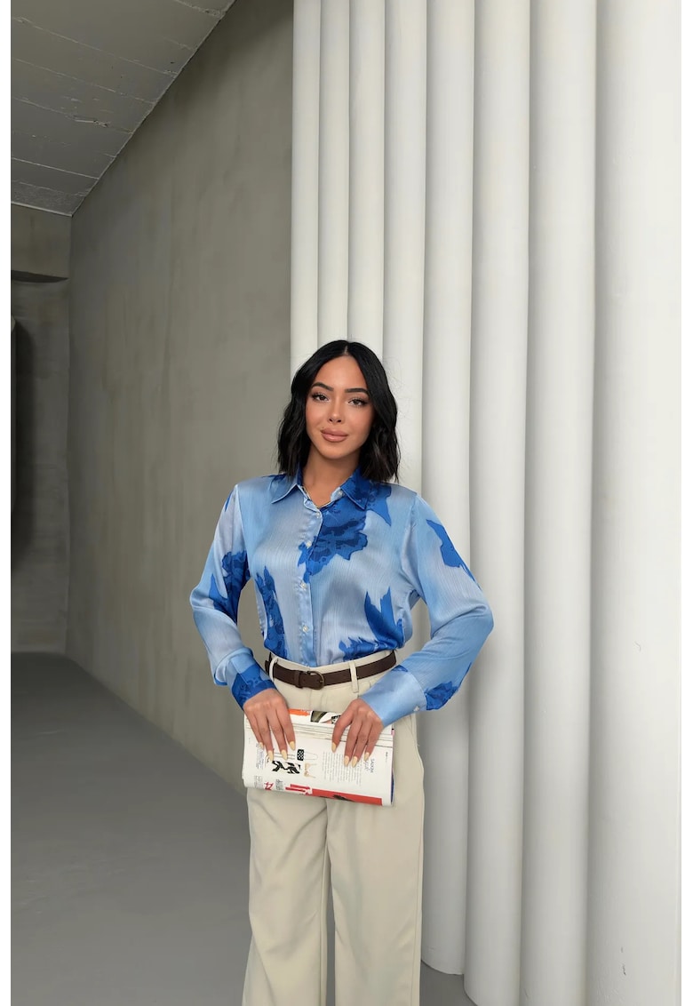 Camasi dama - camasa cu imprimeu floral - albastru cerulean - 100% poliester - maneca lunga