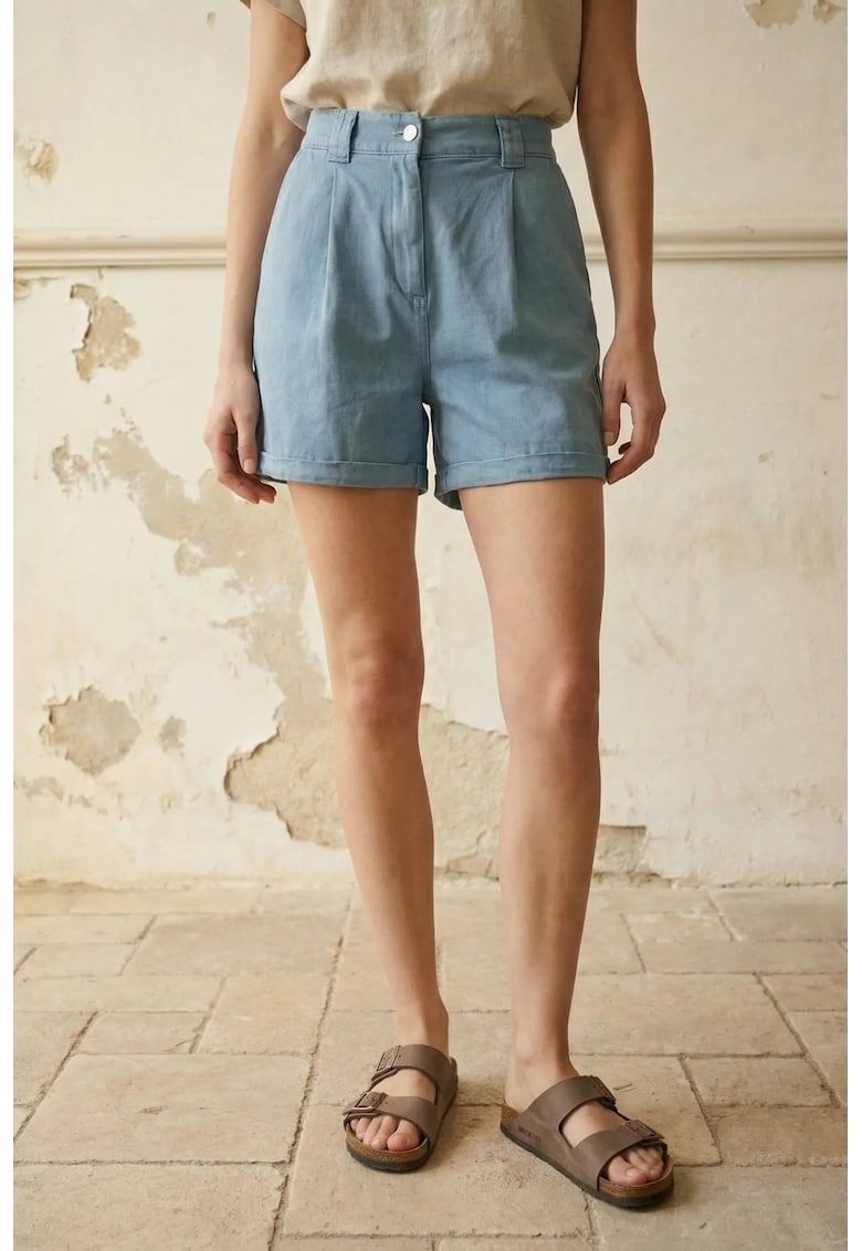 Pantaloni scurti talie inalta - albastru - bumbac
