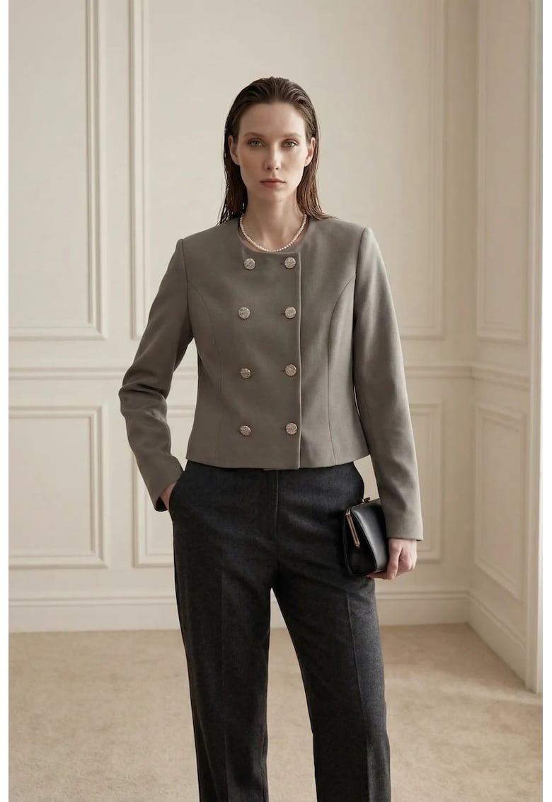 Jacheta dama - jacheta scurta din tweed - cambrata - verde kaki - cu nasturi - maneca lunga