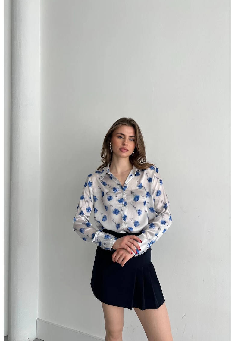 Camasi dama - camasa cu imprimeu floral - maneca lunga - albastru cerulean - 100% poliester