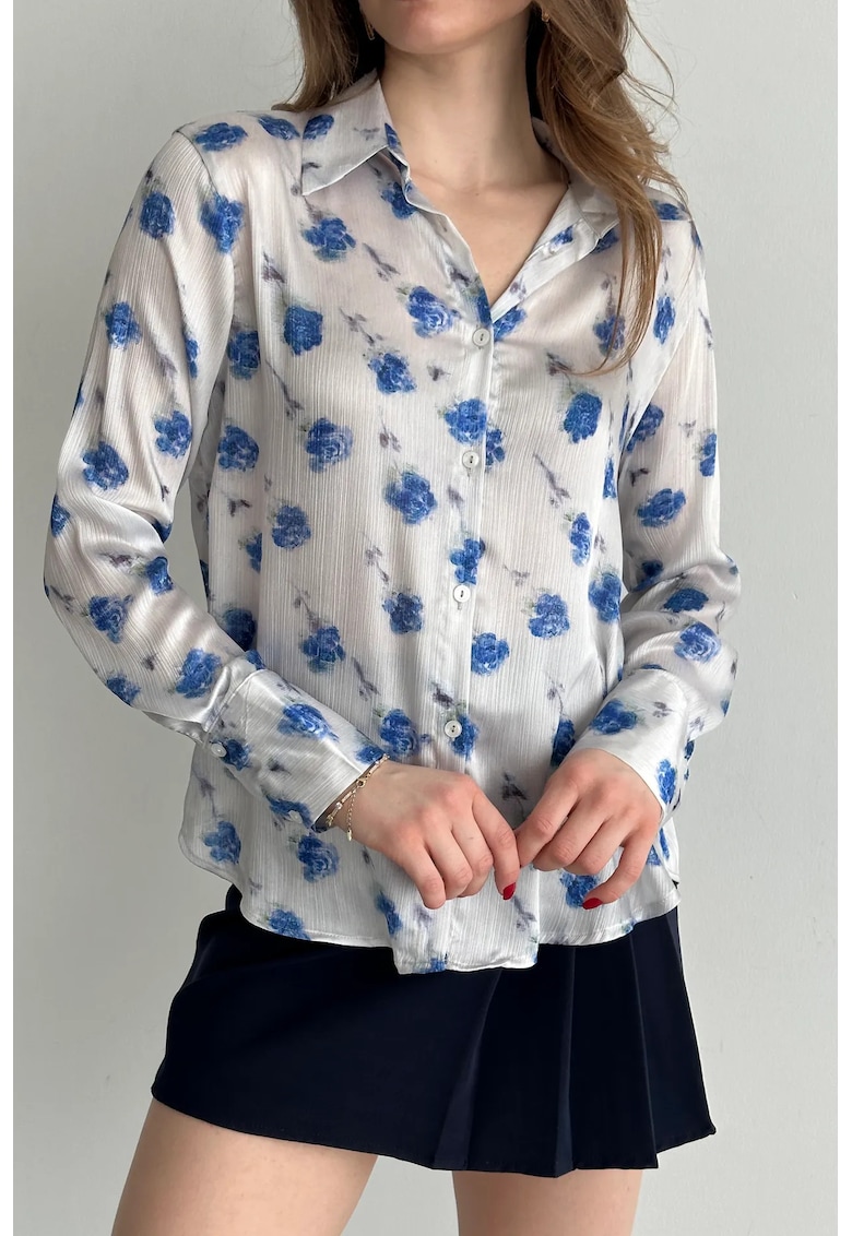Camasi dama - camasa cu imprimeu floral - maneca lunga - albastru cerulean - 100% poliester