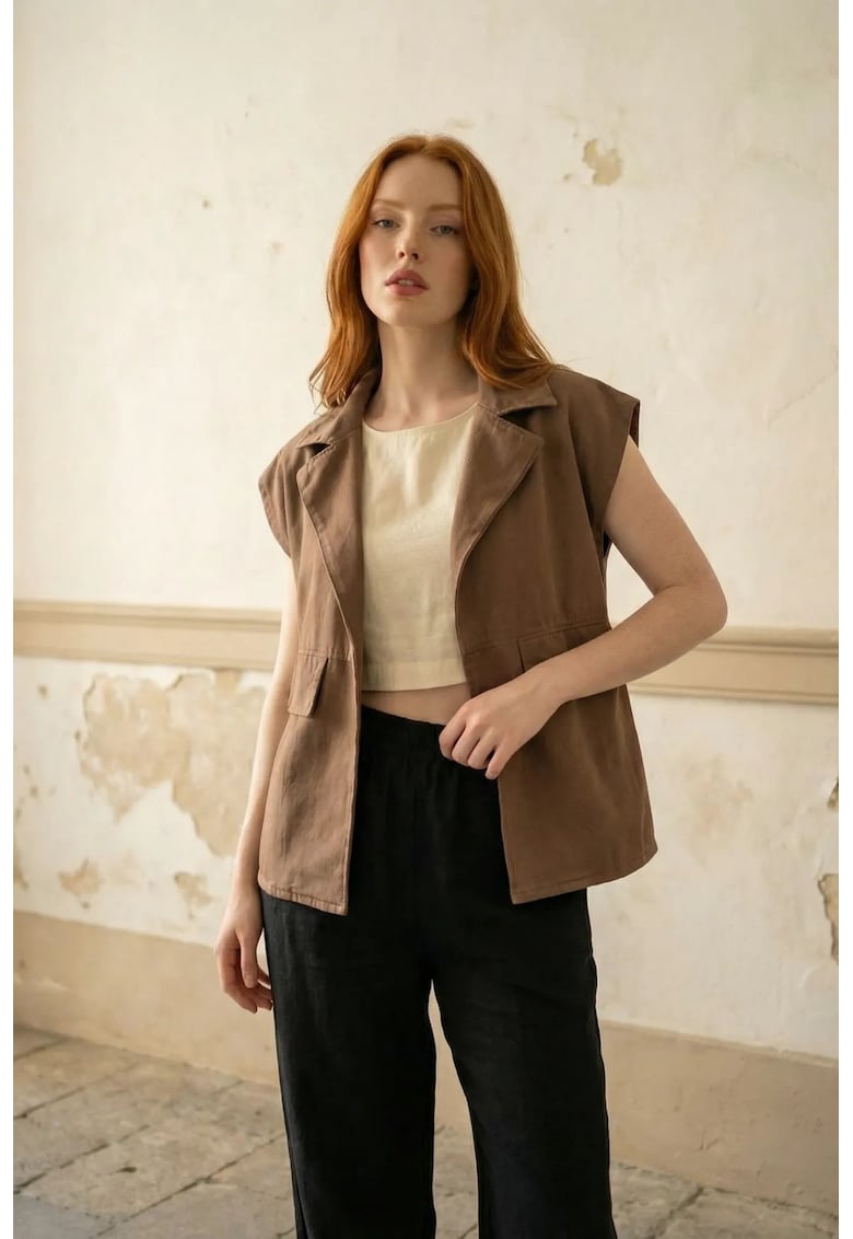 Veste dama - bumbac - guler tip jacheta - buzunar - maro nuc