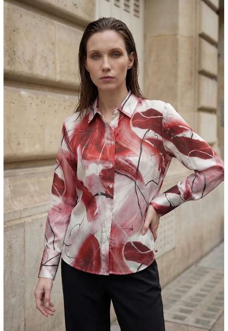 Camasi dama - camasa cu imprimeu abstract - maneca lunga - rosu burgund - poliester