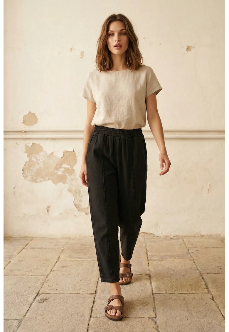 Pantaloni dama talie elastica - croiala dreapta - negru - bumbac