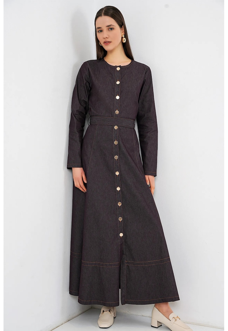 Rochie midi - denim - curea in talie - maro
