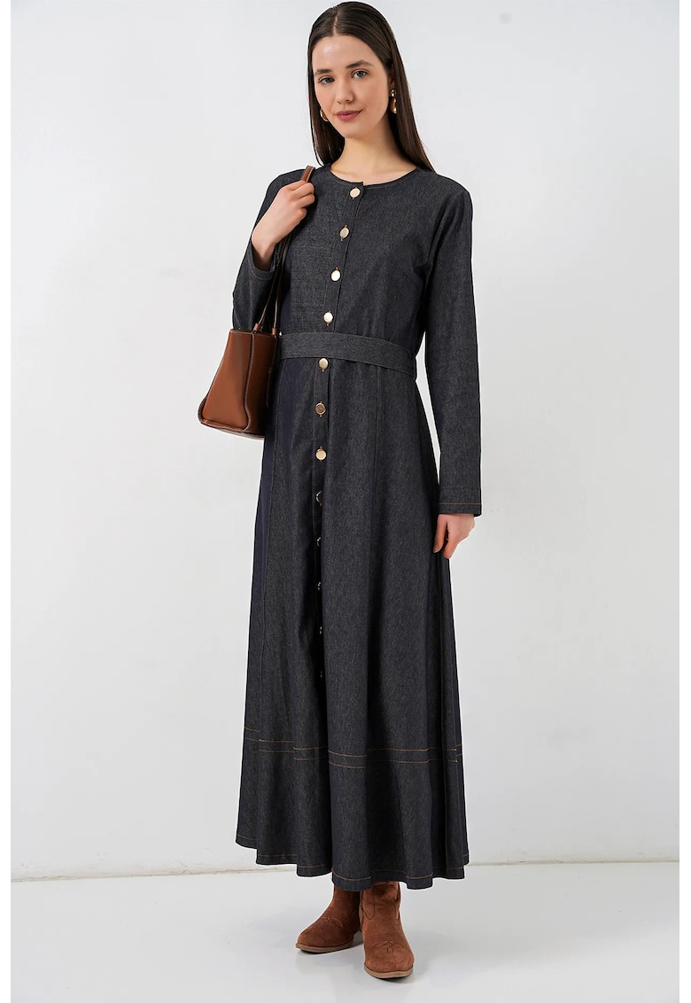 Rochie Midi - Denim - Albastru Marin - cu Cordon - Maneca Lunga