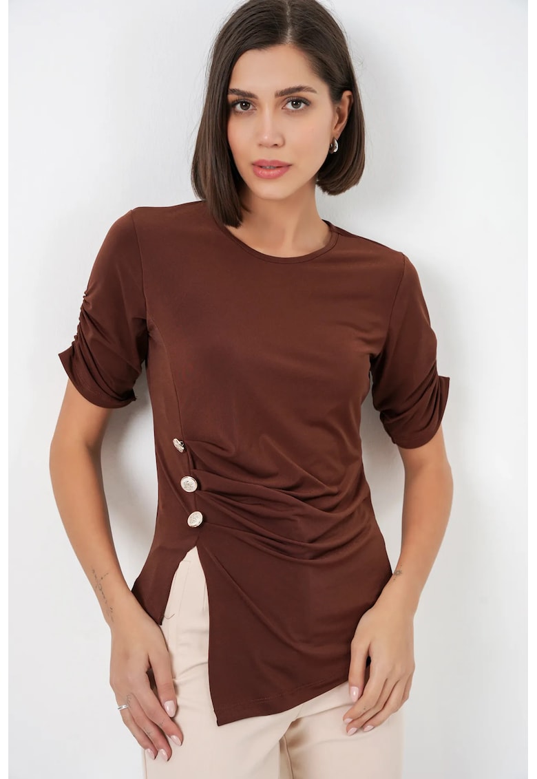 Tricou dama - Maro inchis - Guler rotund - Nasturi