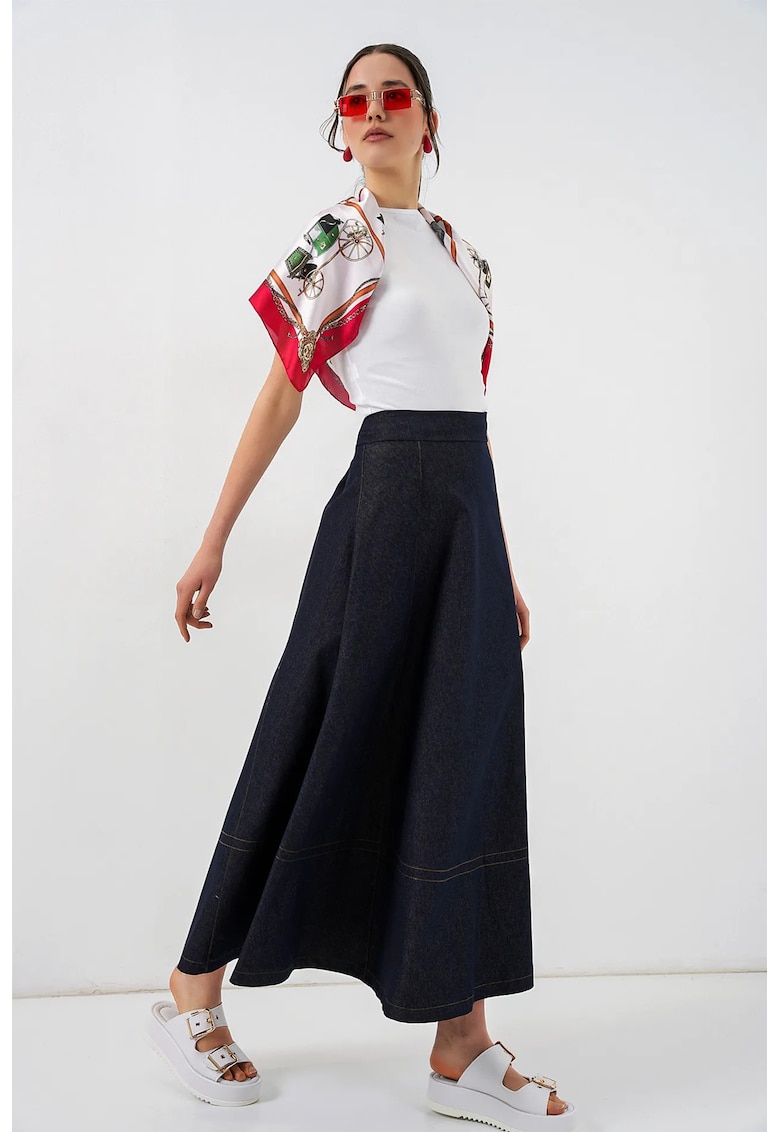 Fusta maxi talie inalta - bleumarin - 100% bumbac