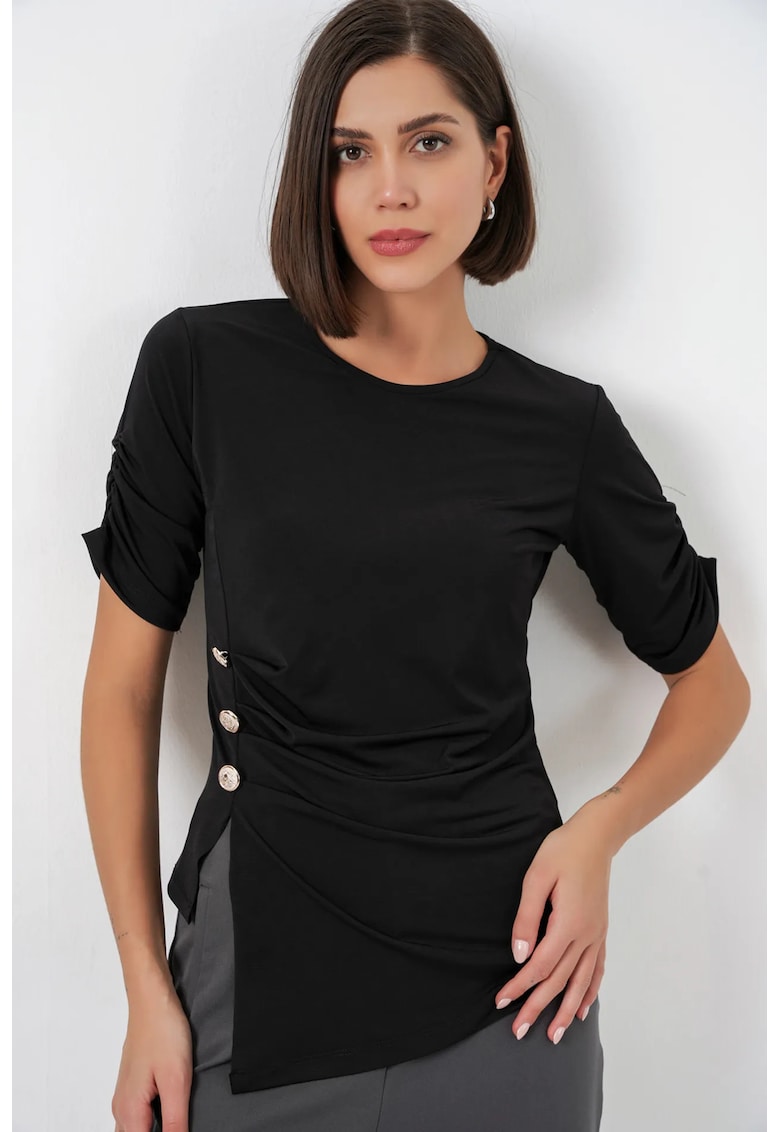 Top dama - Negru - Guler rotund - Nasturi