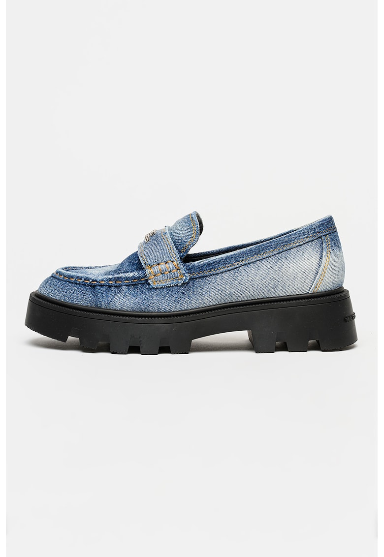 Mocasini din denim cu toc masiv - Albastru melange