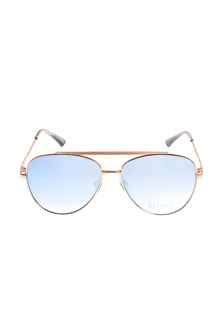 Ochelari de soare aviator cu rama aurie si lentile albastre