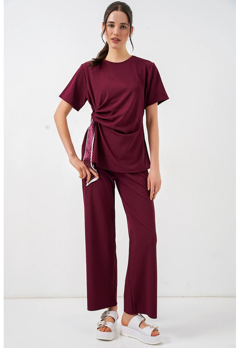 Set din 2 piese guler rotund - detalii cu snur - pantaloni cu picior larg - visiniu -