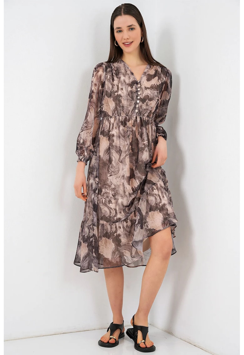 Rochie midi decolteu in V - bej - poliester