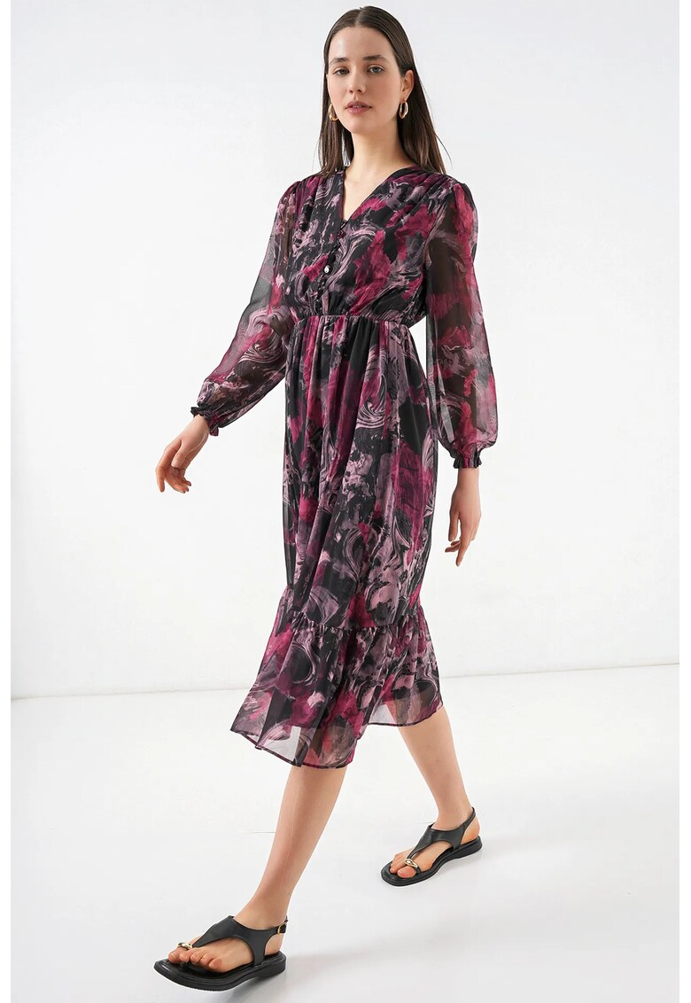 Rochie midi decolteu in V - rosie - poliester - cu nasturi