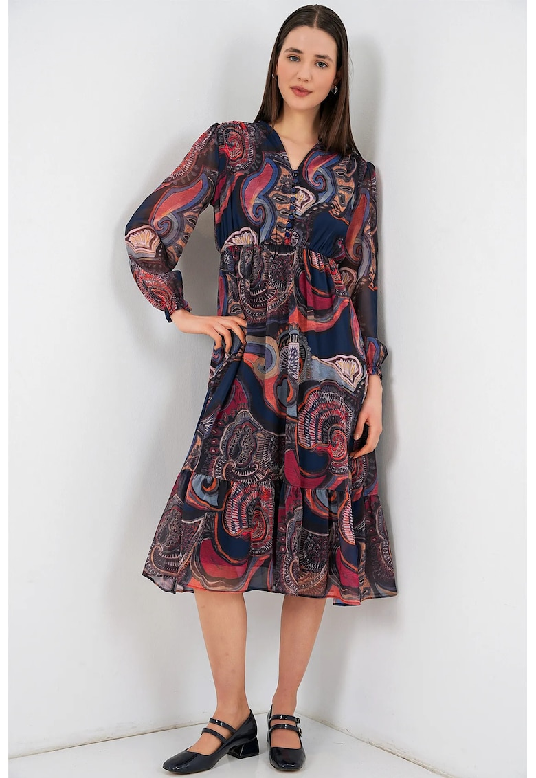 Rochie midi multicolor - poliester - decolteu in V