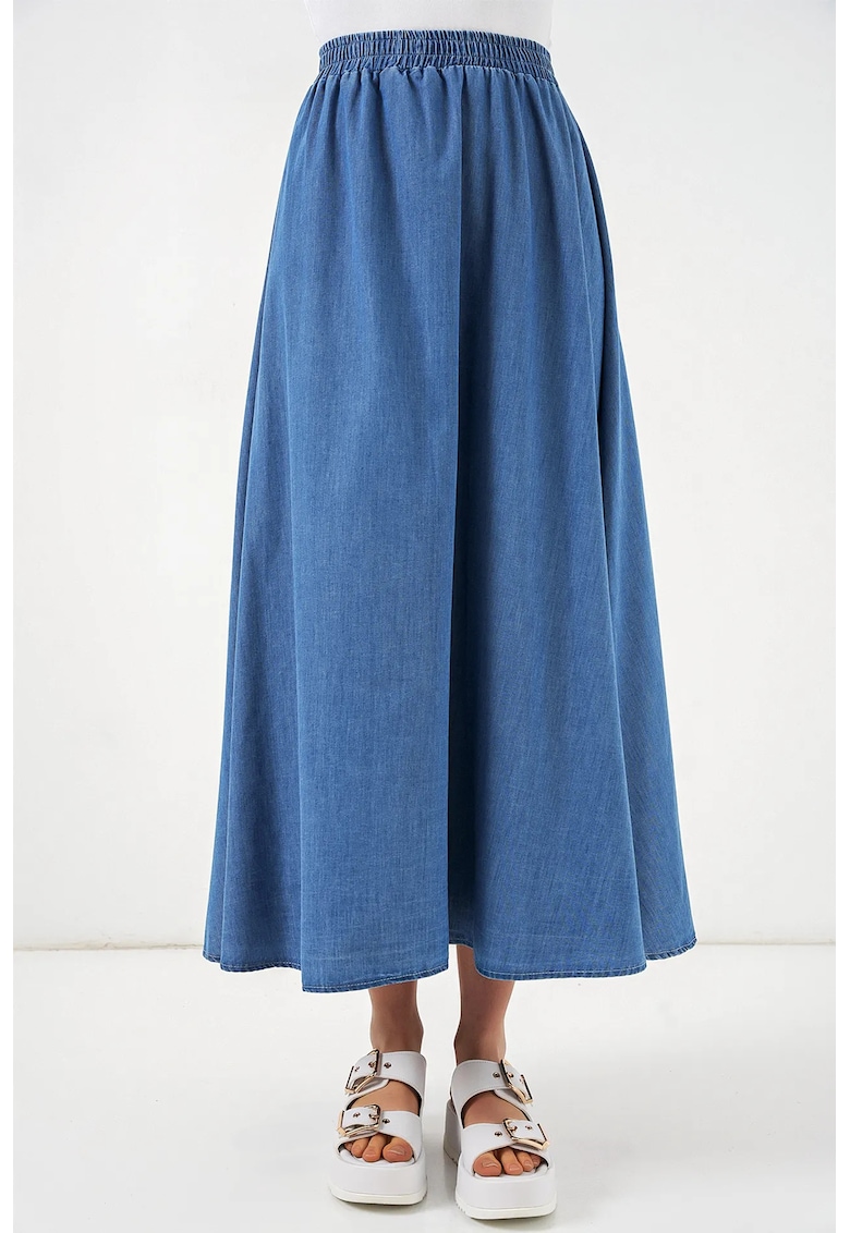 Fusta maxi din denim - talie inalta - bleumarin - 100% bumbac