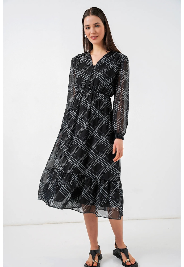 Rochie midi gri - poliester - decolteu in V - inchidere cu nasturi
