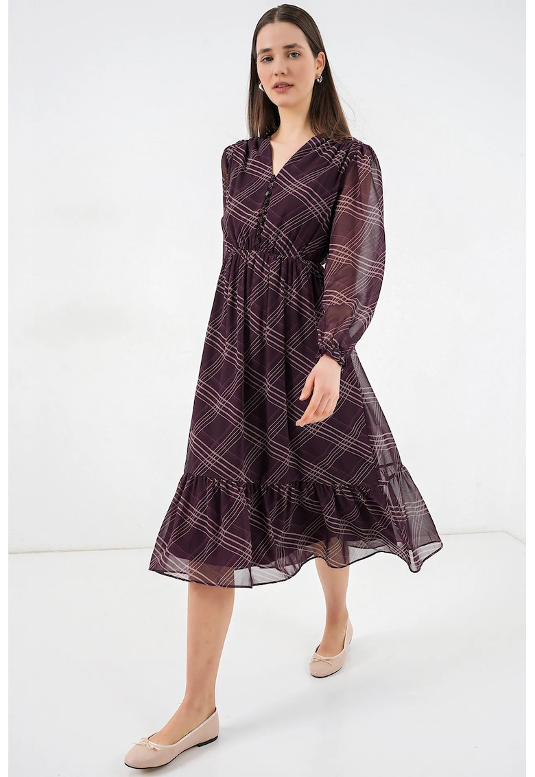Rochie midi decolteu in V - maneca lunga - mov - 100% poliester