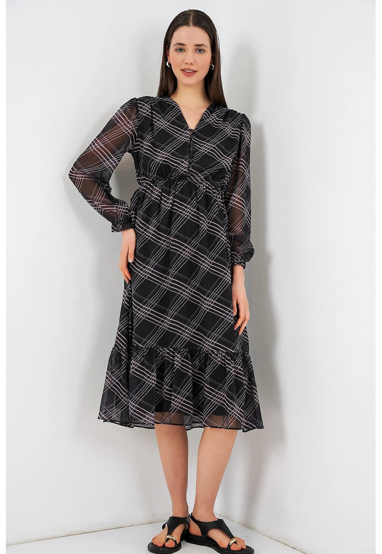 Rochie midi decolteu in V - neagra - 100% poliester