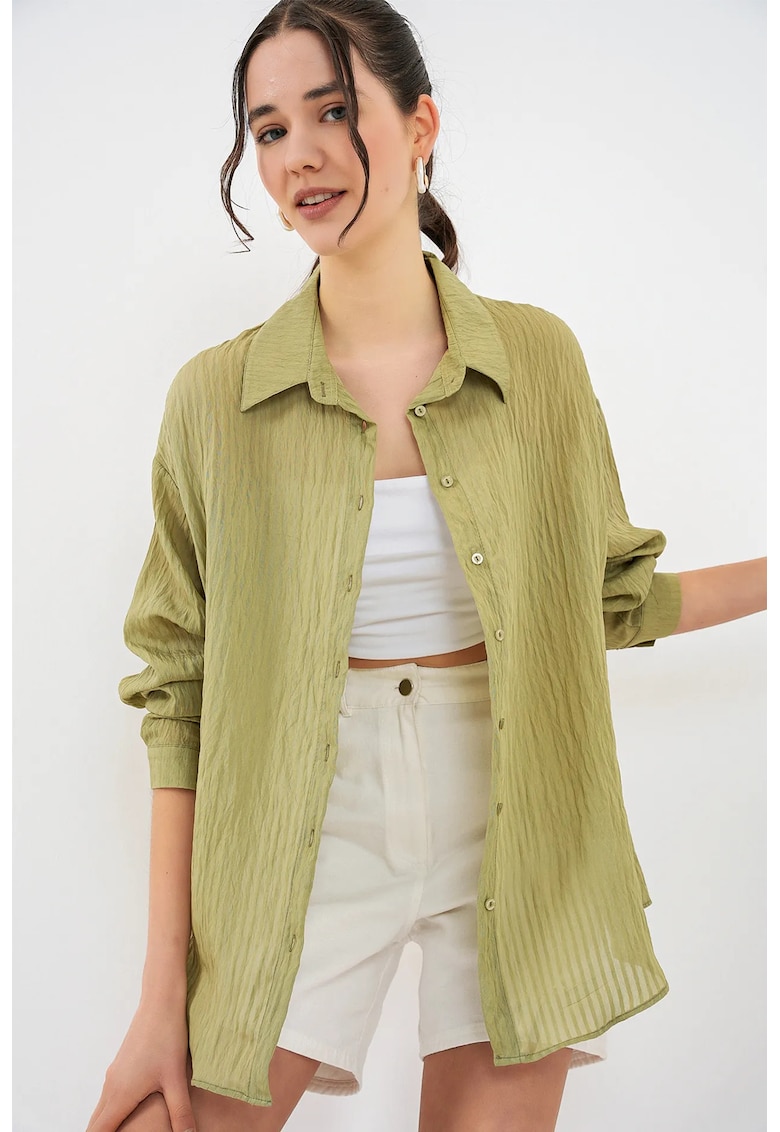 Camasa texturata - verde pin - 80% viscoza - 20% nailon - cu nasturi - pentru femei