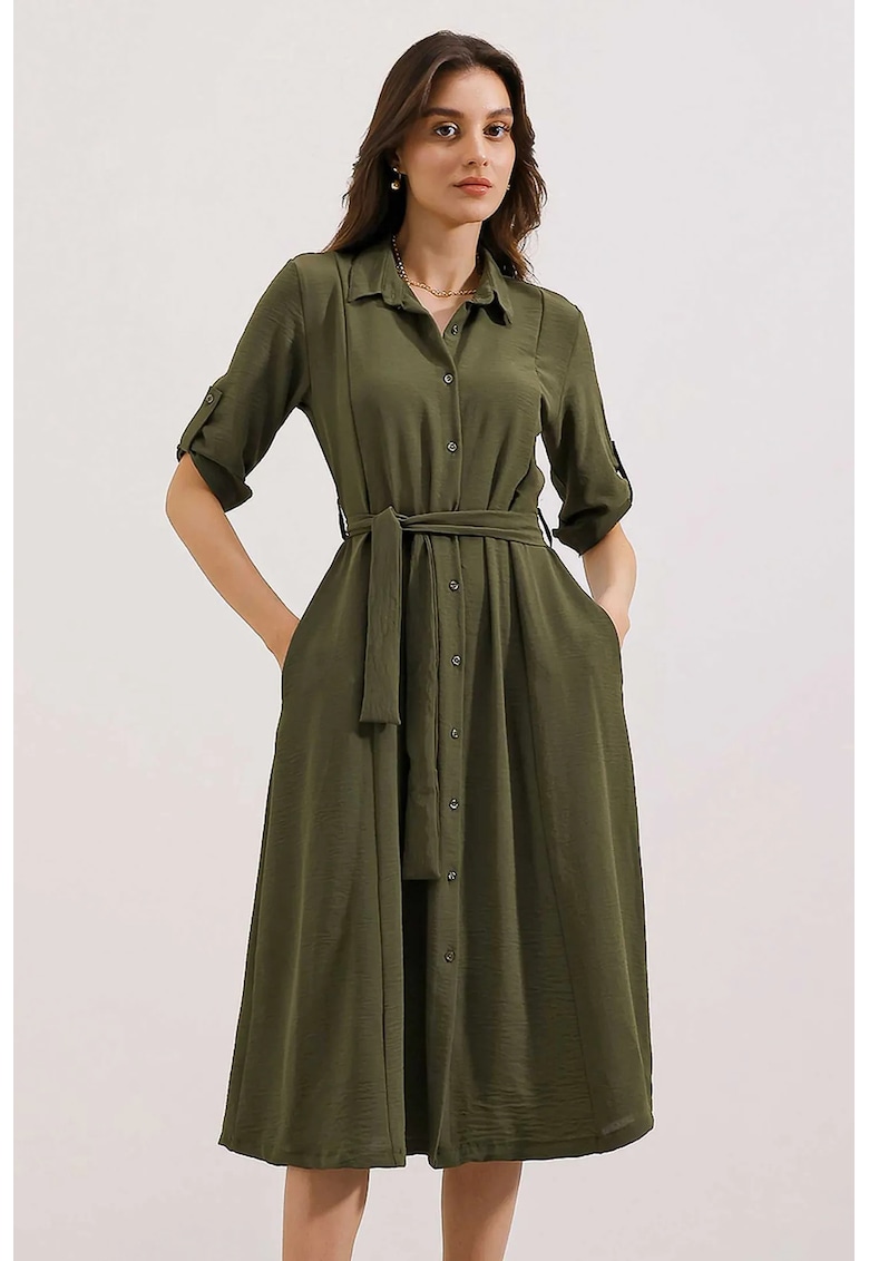Rochie midi kaki - cu maneca lunga - textil/poliester/lycra
