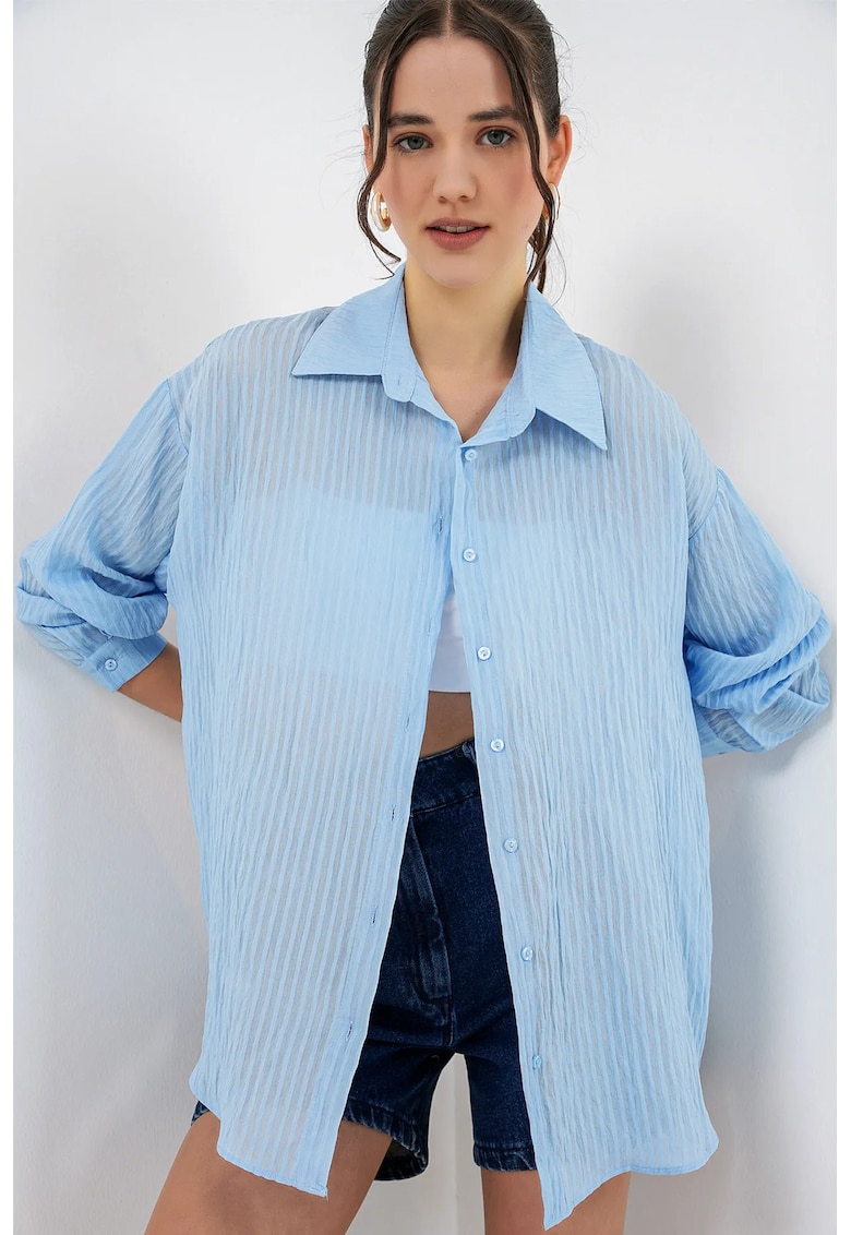 Camasi dama - camasa texturata cu maneca lunga - albastru Maya - lejer - 80% viscoza - 20% nailon