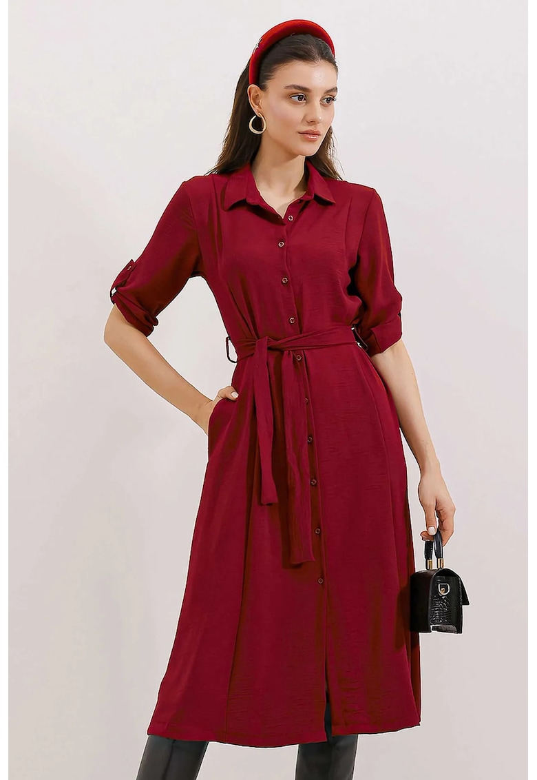 Rochie midi rosu - maneca lunga - poliester/lycra