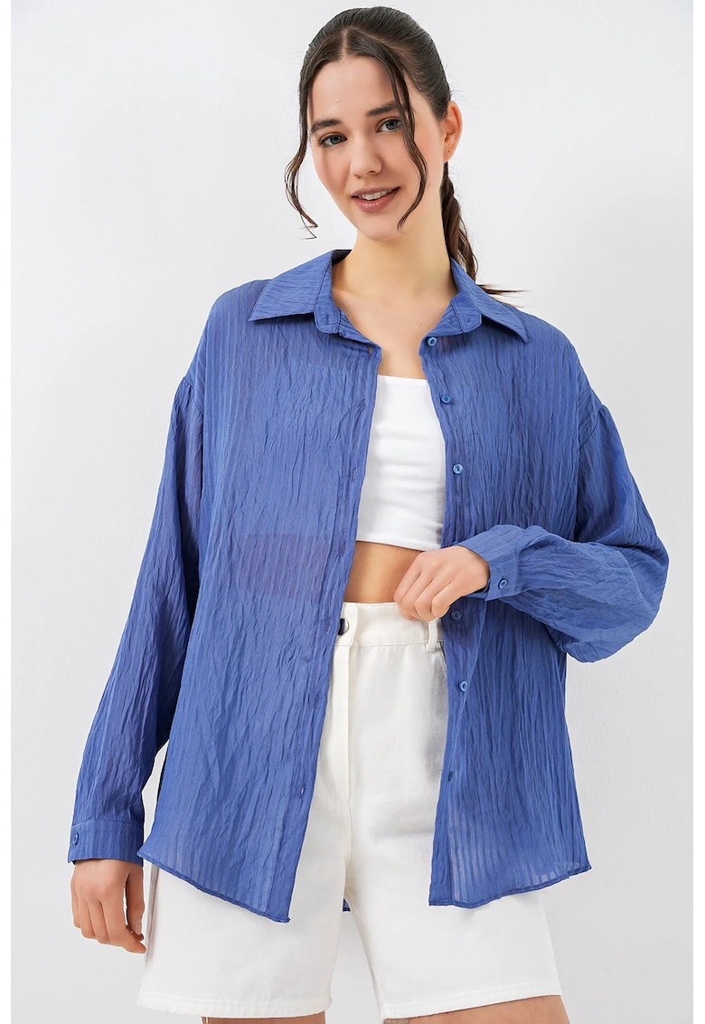 Camasi dama - camasa texturata cu maneca lunga - Oxford Blue - lejer - 80% viscoza - 20% nailon