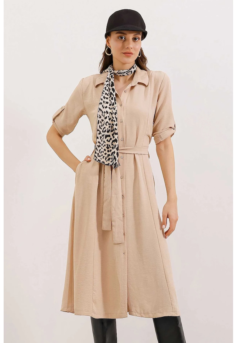 Rochie midi bej - maneca lunga - poliester/lycra