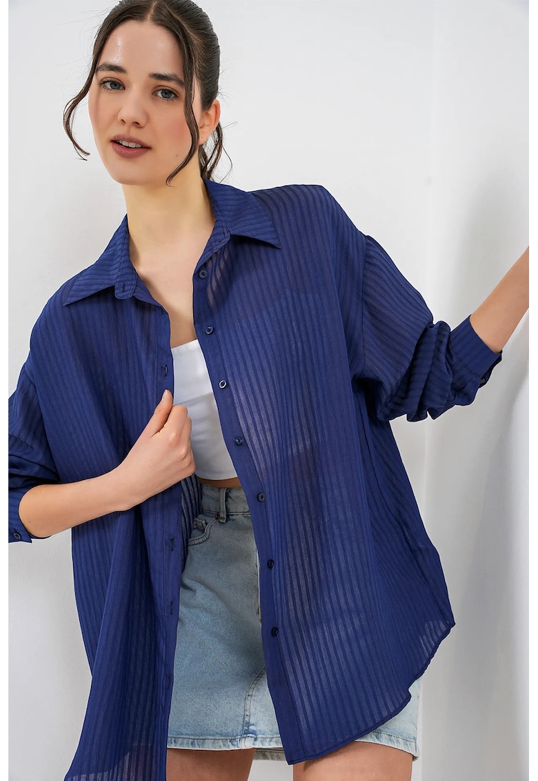 Camasa dama - camasa texturata cu maneca lunga - albastru marin - lejer - 80% viscoza - 20% nailon