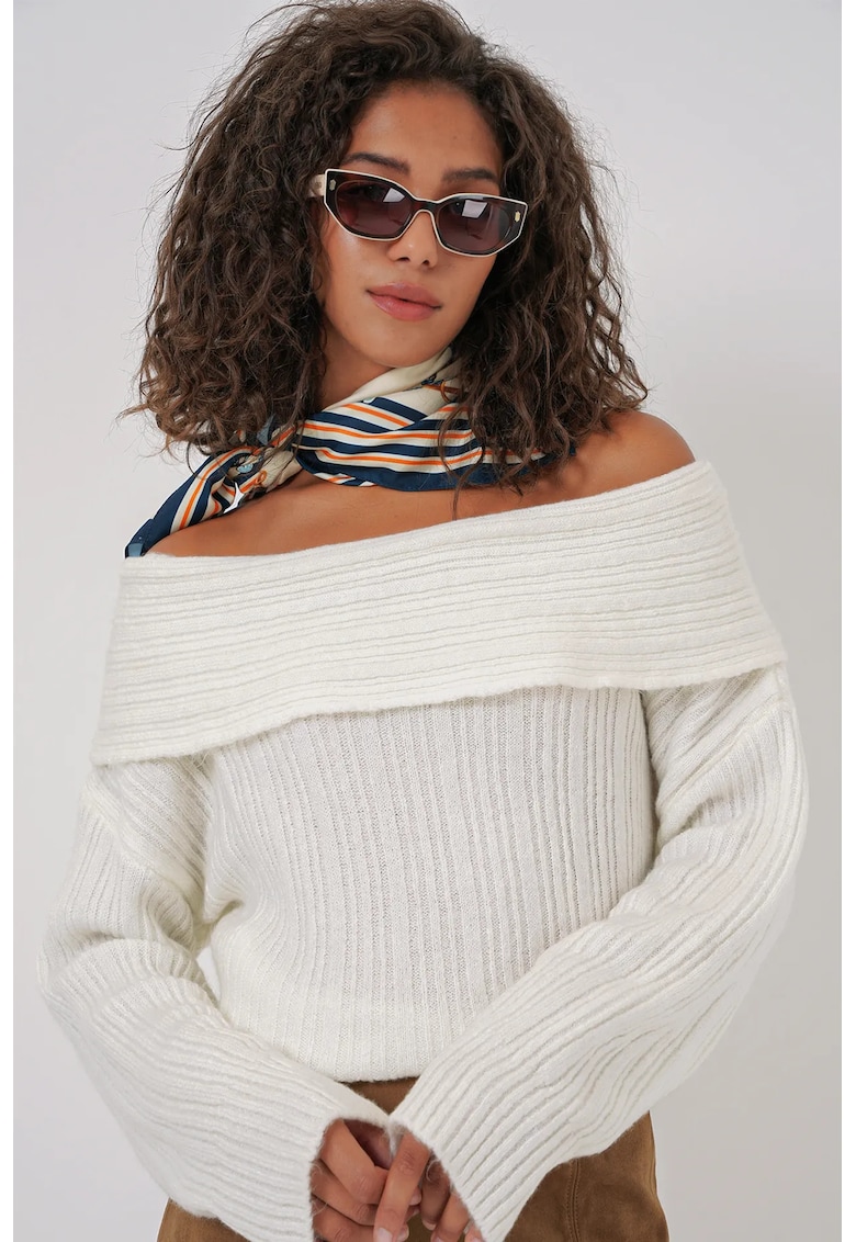 Pulover dama - supradimensionat - alb - tricot reiat - design off-shoulder - One Size INTL -