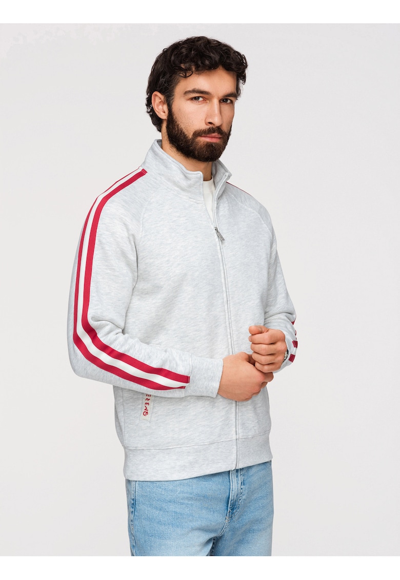 Bluza Barbati cu Fermoar - Guler Inalt si Detalii Sportive - Gri deschis melange