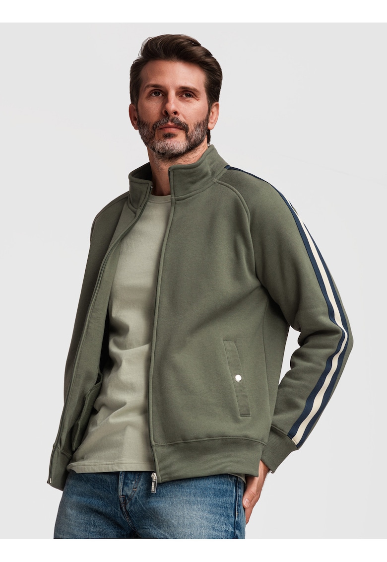Bluza Barbati cu Fermoar - Guler Inalt si Detalii Sportive - Verde