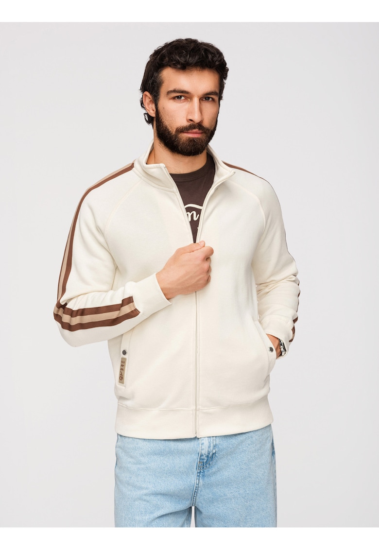 Bluza Barbati cu Fermoar - Guler Inalt si Detalii Sportive - Crem