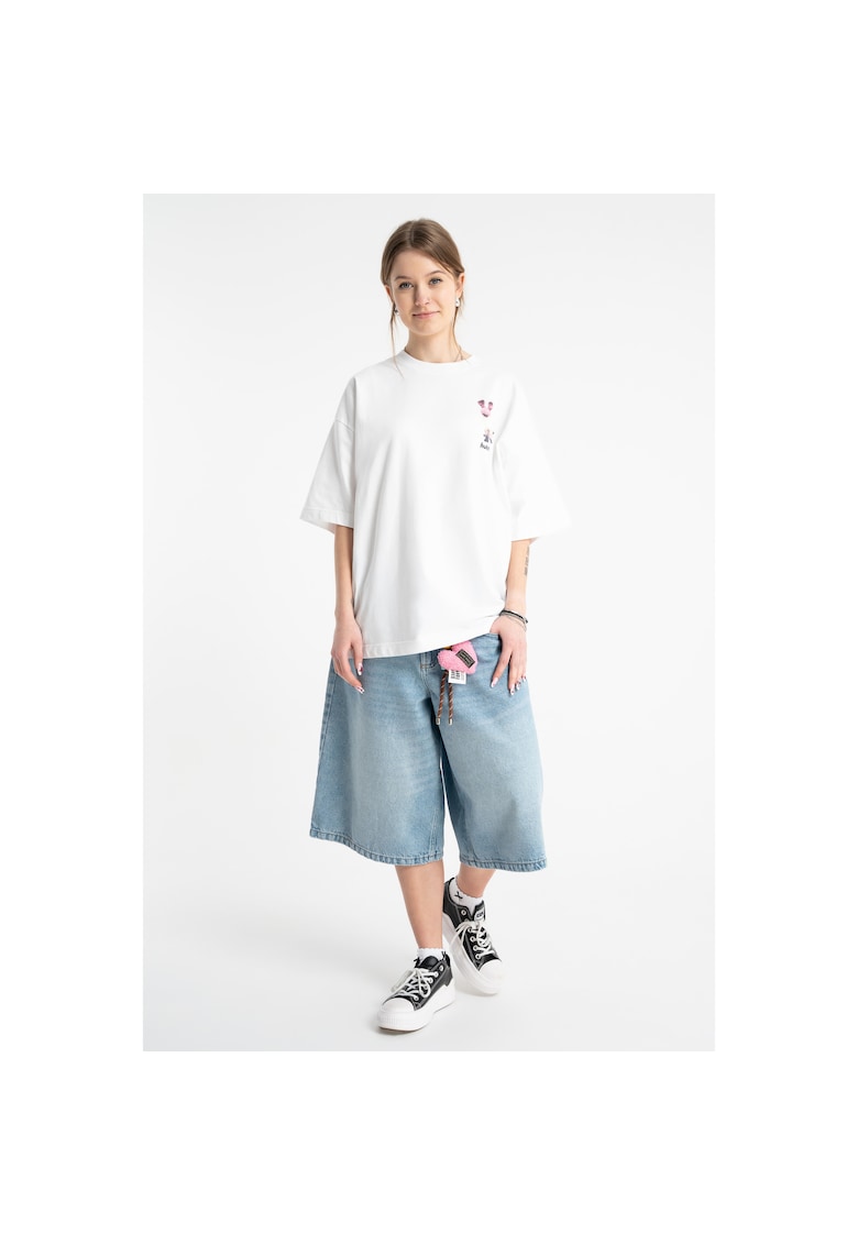 Bermude din denim cu aspect decolorat si croiala lejera