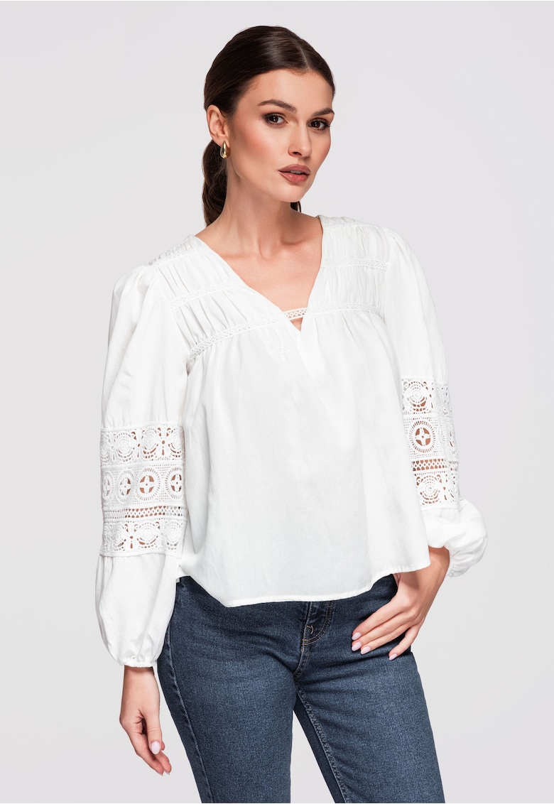 Bluza dama vaporoasa cu detalii crosetate - bumbac si viscoza - stil boho - Alb