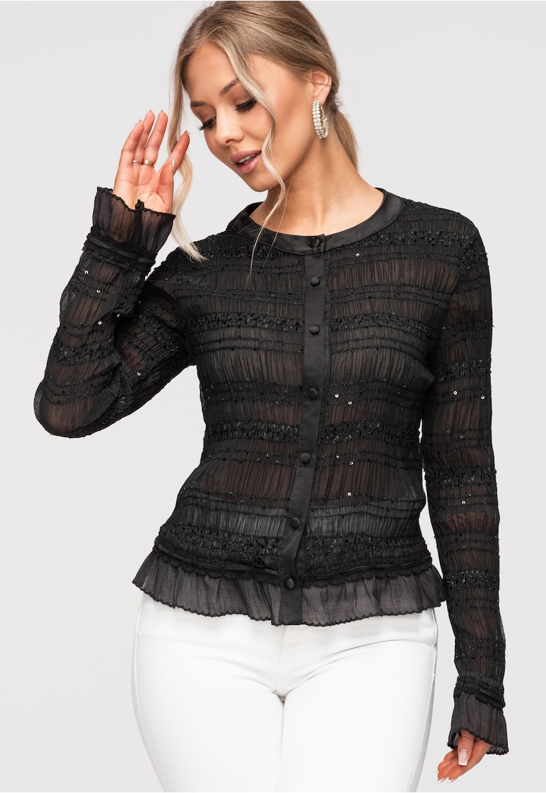 Bluza Dama Eleganta - Croiala Cambrata - Maneci Lungi cu Volane - Poliester Elastic - Negru