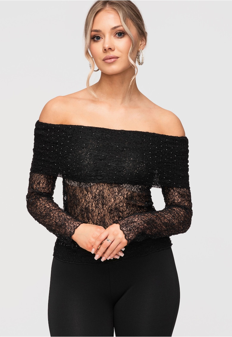 Bluza dama eleganta cu decolteu spaniol din dantela fina - croiala mulata - Negru