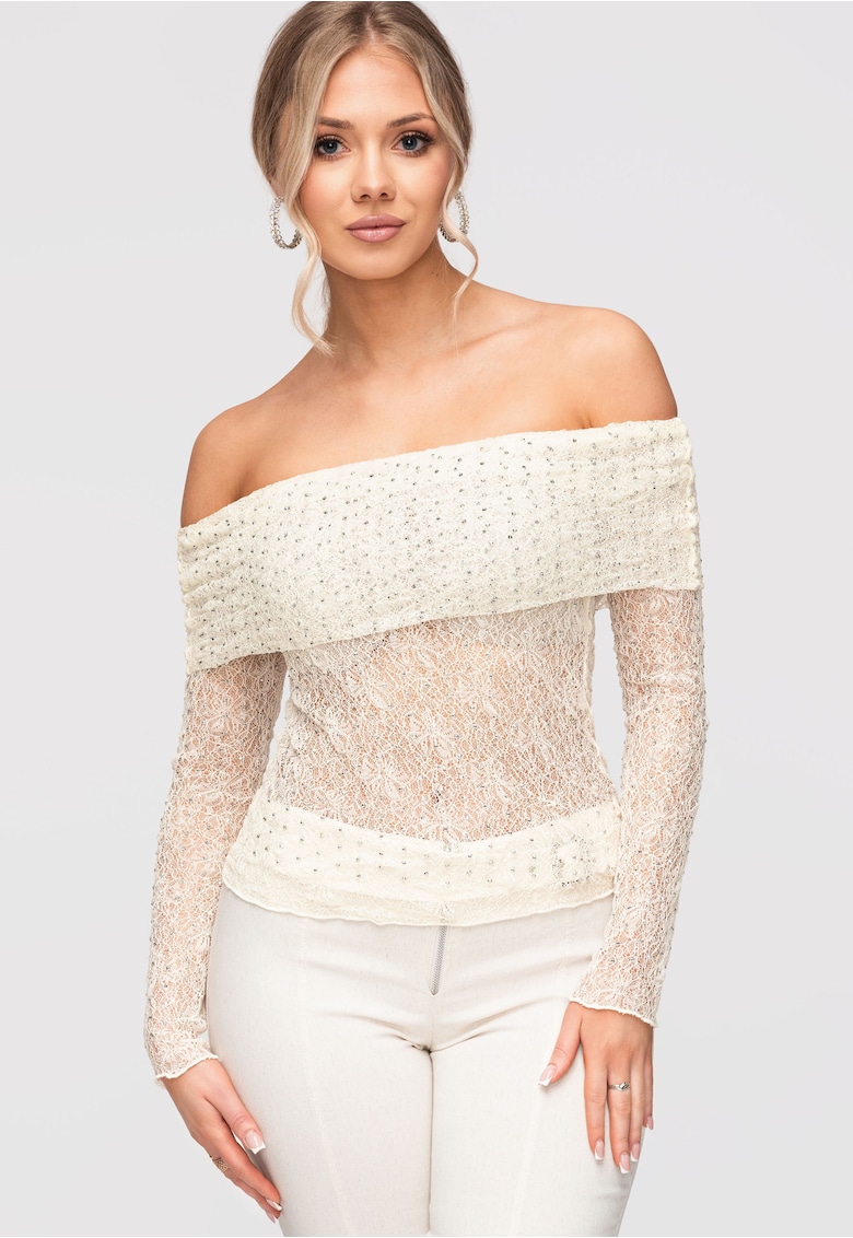 Bluza dama eleganta cu decolteu spaniol din dantela fina - croiala mulata - Ecru