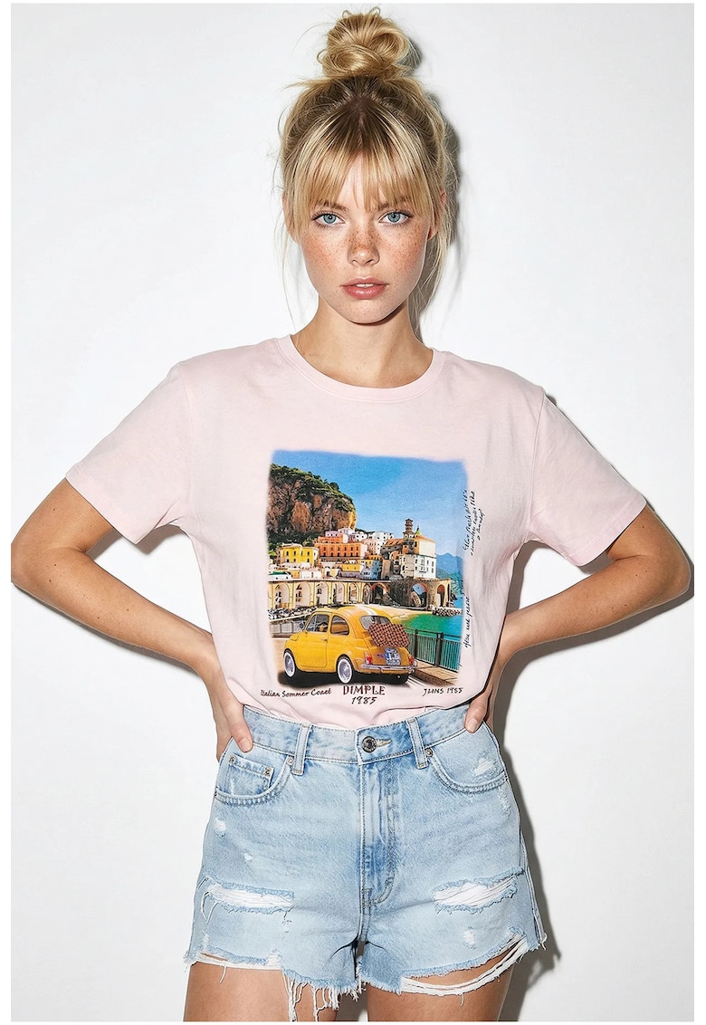 Tricou dama - imprimeu - roz - bumbac