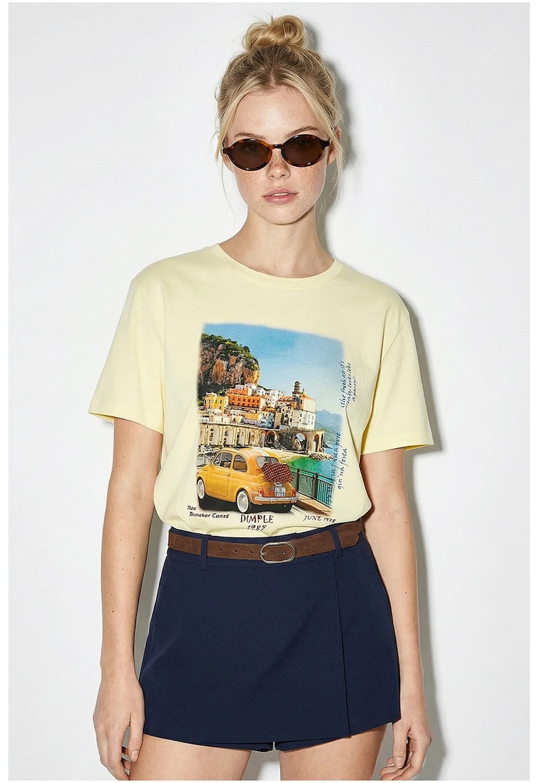 Tricouri dama - tricou cu imprimeu - galben chihlimbar - 100% bumbac