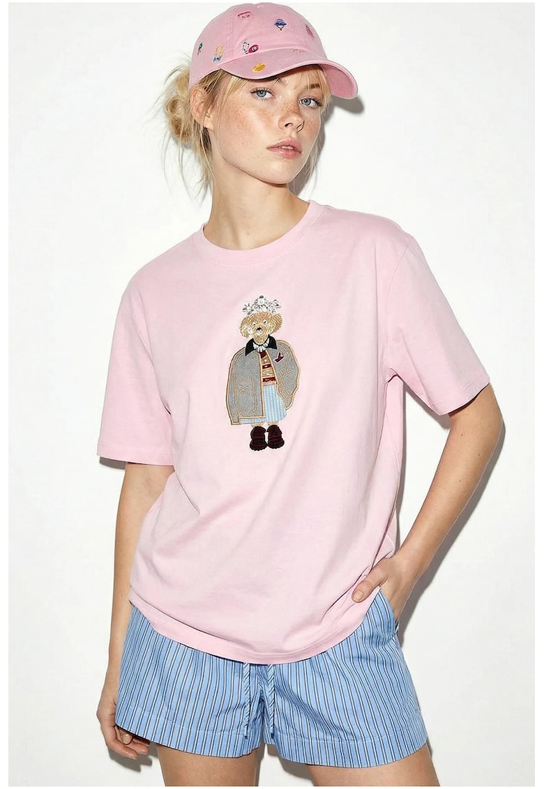 Tricou dama brodat - roz - bumbac - maneca scurta - croiala lejera