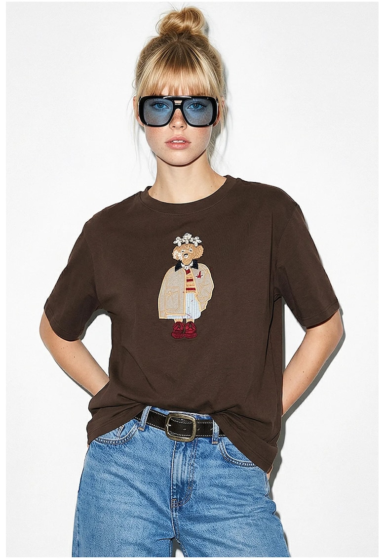 Tricou dama brodat - lejer - maro mocha inchis - 100% bumbac