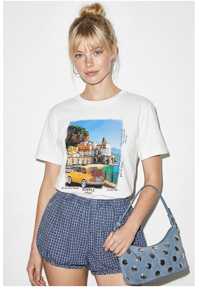 Tricouri dama - tricou cu imprimeu - alb - 100% bumbac